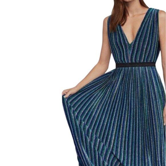 BCBGMaxAzria Metallic Striped Pleated Evening Gown Green Blue Size XXS - Picture 3 of 14